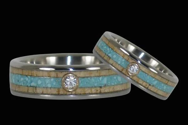 Diamond Titanium Ring Band with Turquoise and Mango Wood