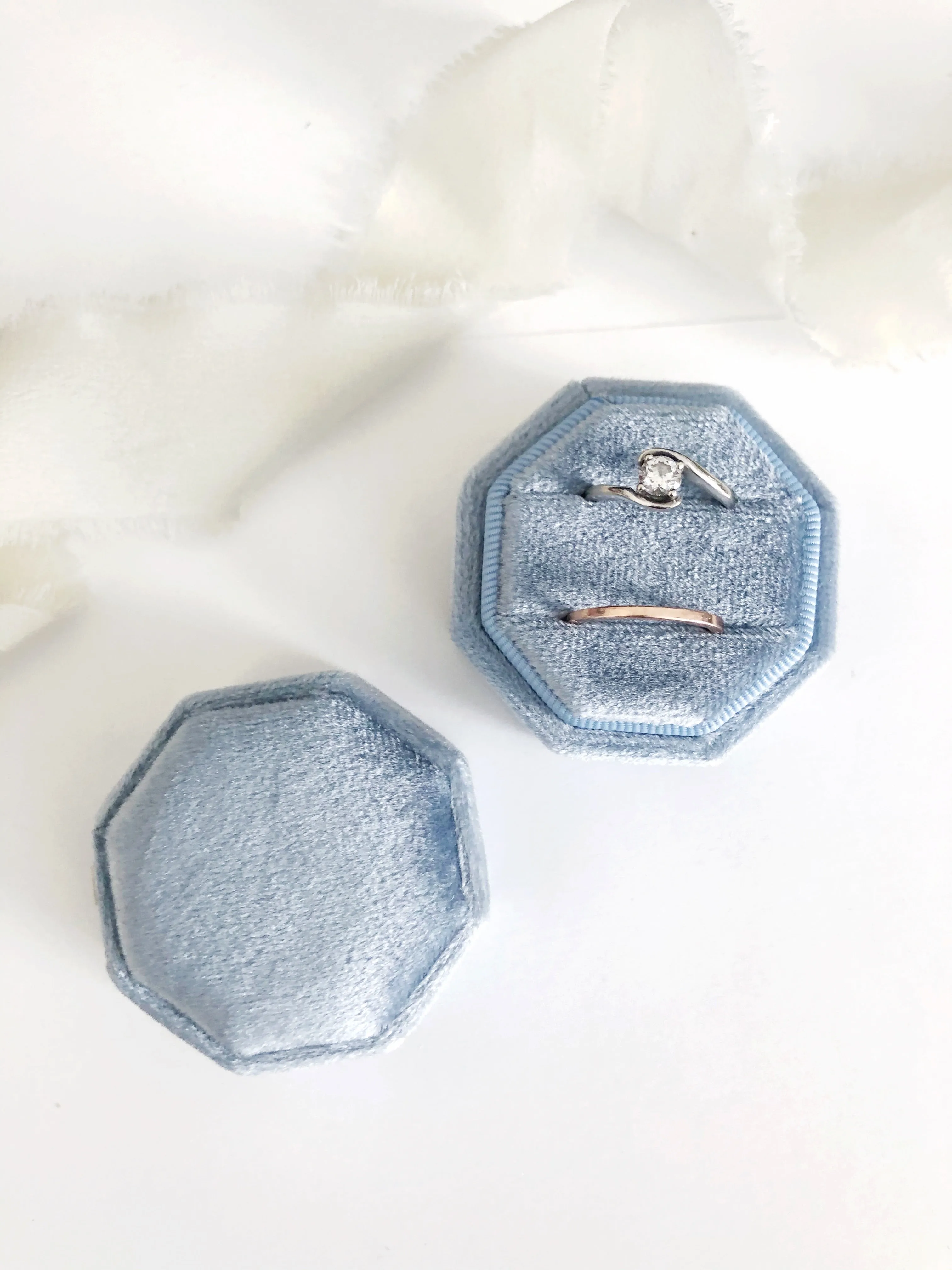 Dusty Blue Velvet Round Octagon Ring Box