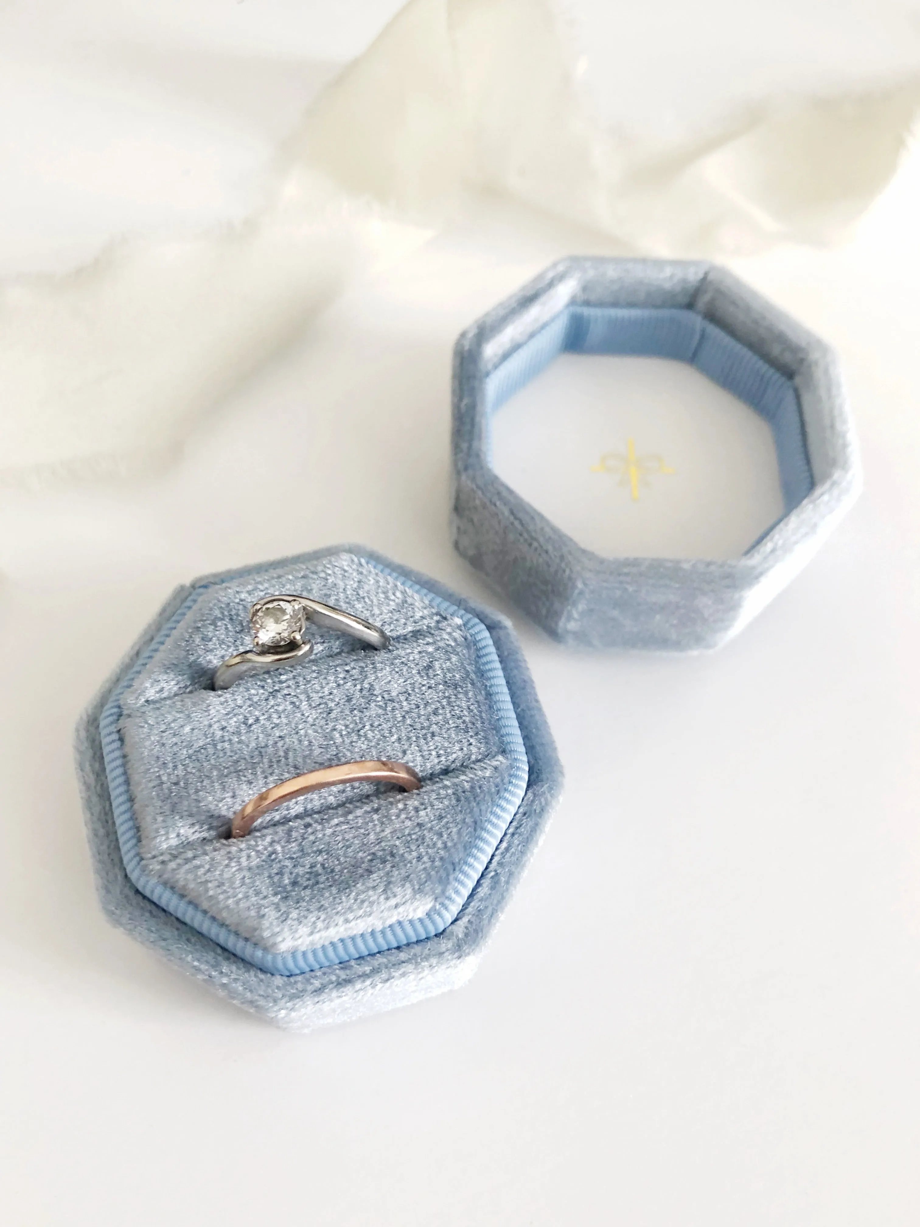 Dusty Blue Velvet Round Octagon Ring Box