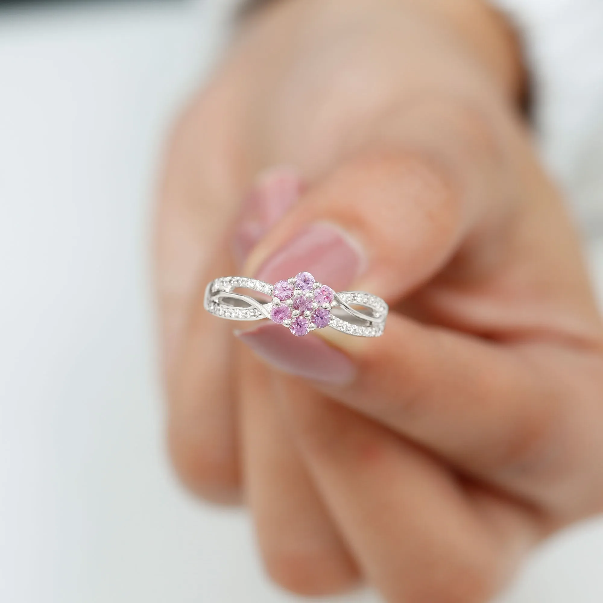 Flower Inspired Lab Grown Pink Sapphire and Diamond Infinity Engagement Ring