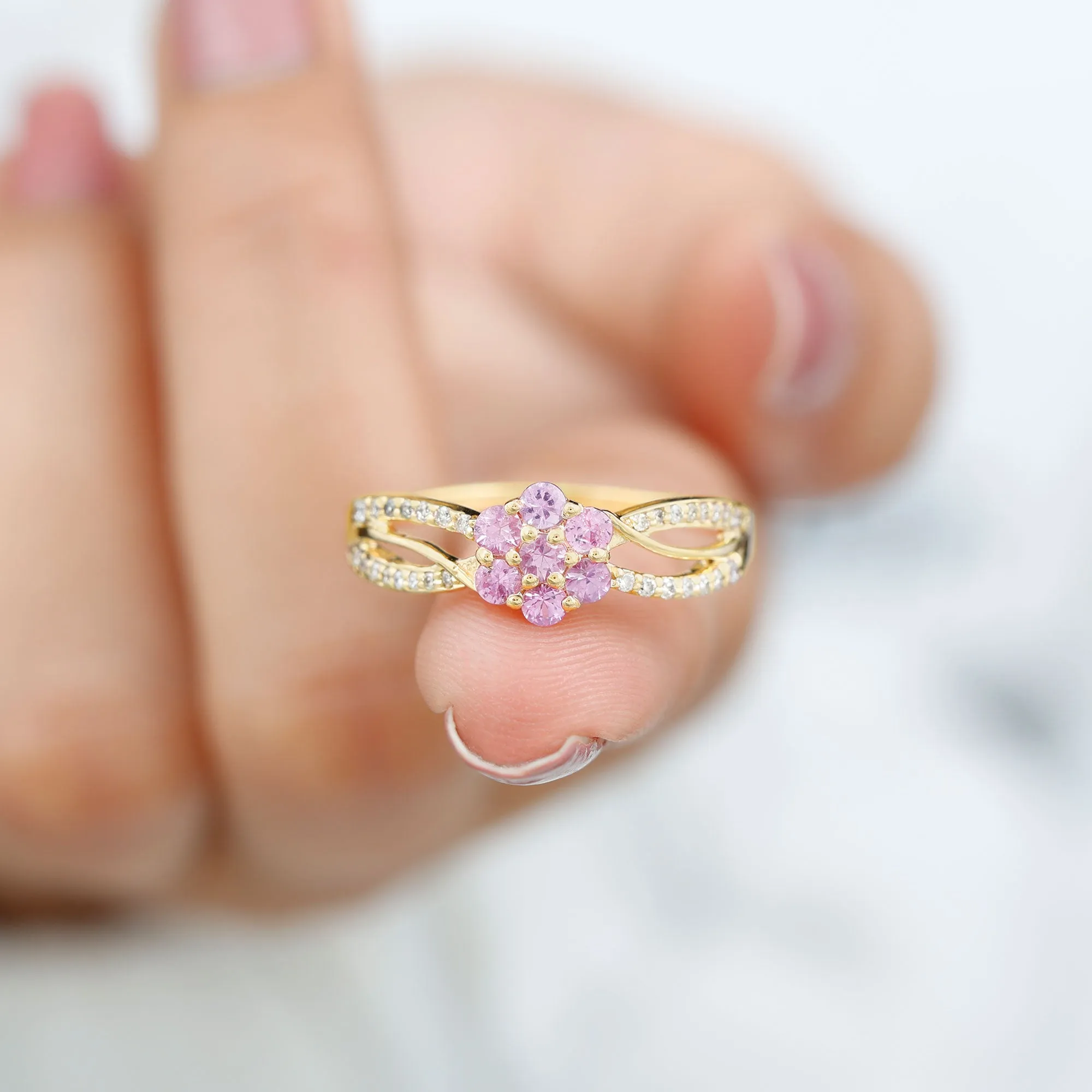 Flower Inspired Lab Grown Pink Sapphire and Diamond Infinity Engagement Ring