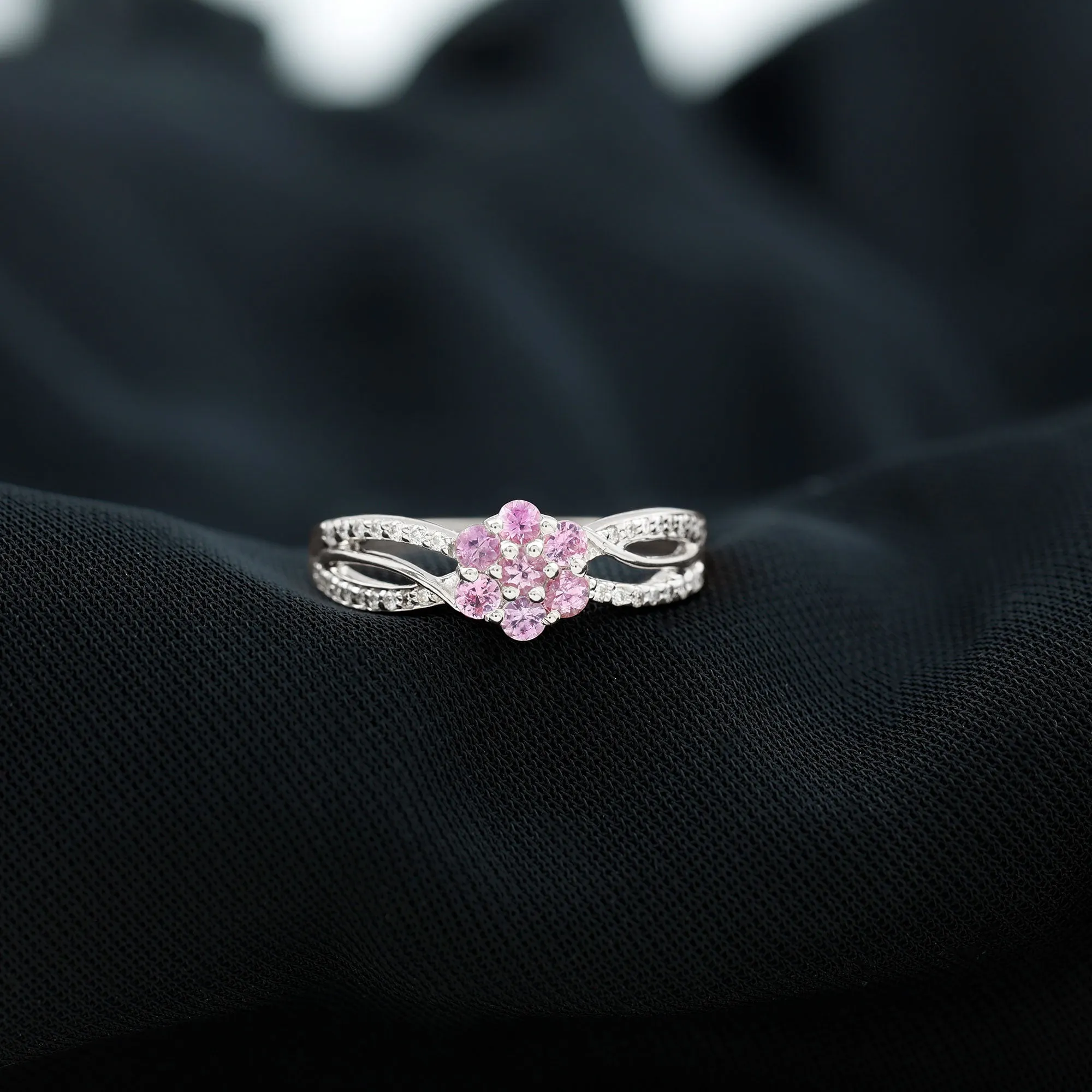 Flower Inspired Lab Grown Pink Sapphire and Diamond Infinity Engagement Ring