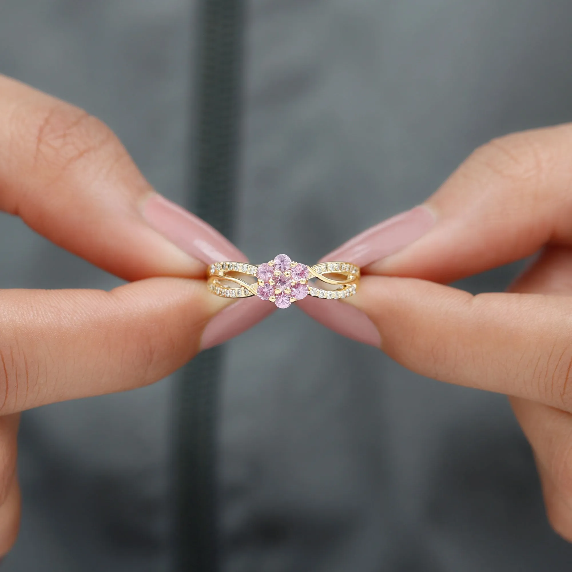 Flower Inspired Lab Grown Pink Sapphire and Diamond Infinity Engagement Ring