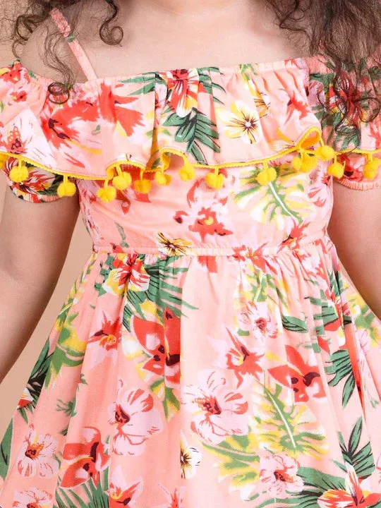 Girls Coral Green Floral Off-Shoulder Fit And Flare Dress - Ps Peaches