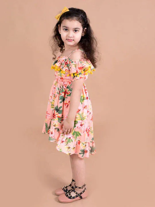 Girls Coral Green Floral Off-Shoulder Fit And Flare Dress - Ps Peaches