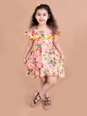 Girls Coral Green Floral Off-Shoulder Fit And Flare Dress - Ps Peaches