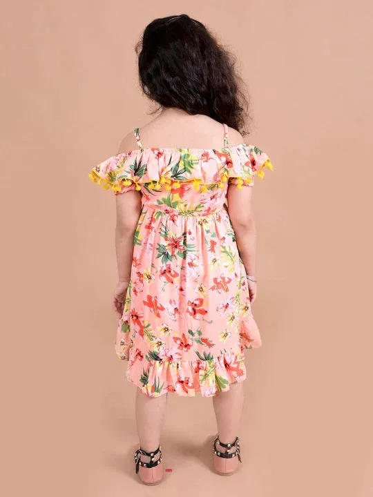 Girls Coral Green Floral Off-Shoulder Fit And Flare Dress - Ps Peaches