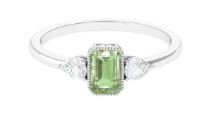 Green Sapphire and Diamond Three Stone Ring in Bezel Setting