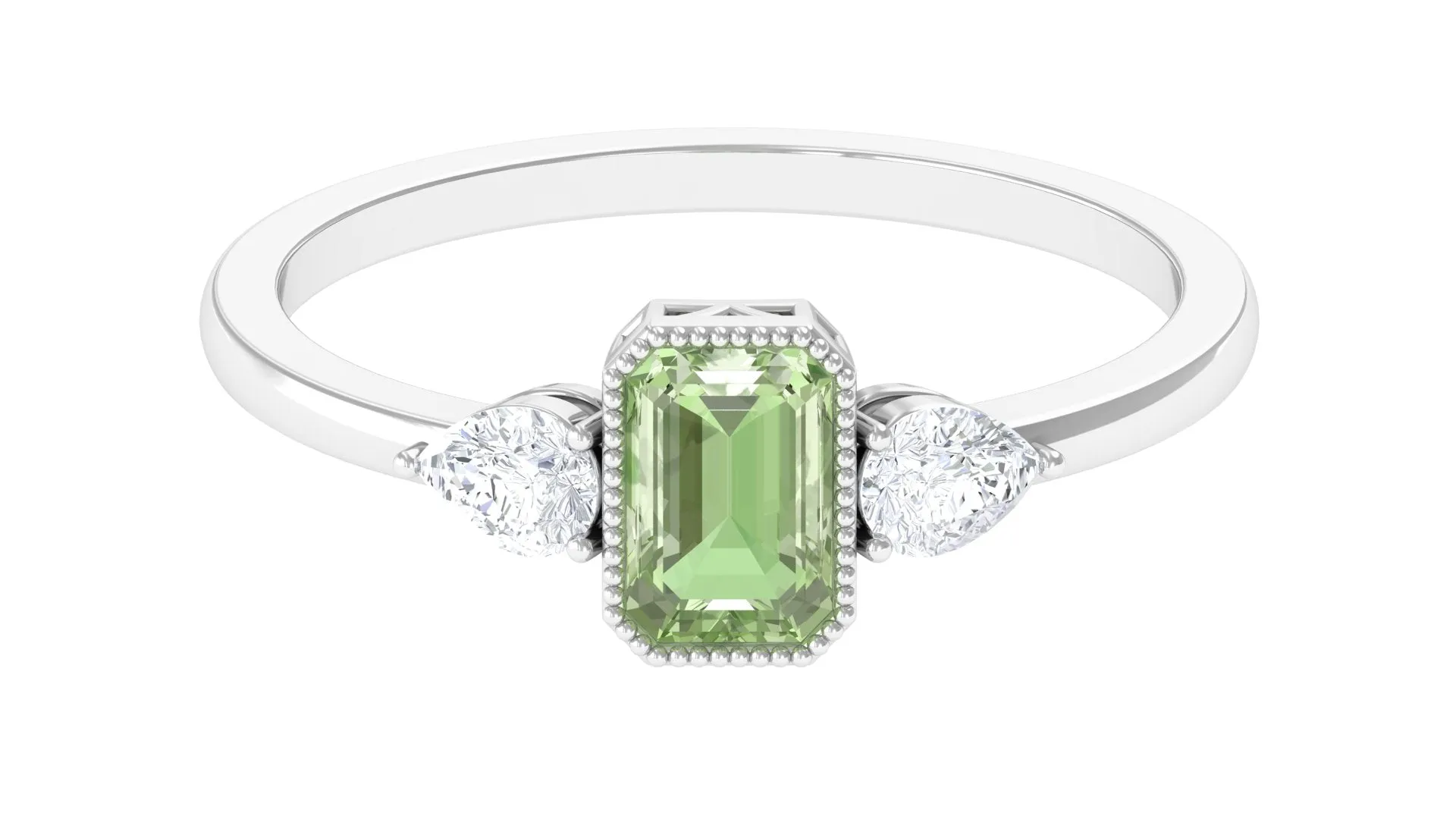 Green Sapphire and Diamond Three Stone Ring in Bezel Setting