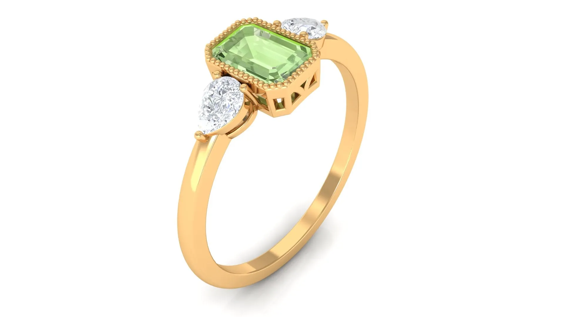 Green Sapphire and Diamond Three Stone Ring in Bezel Setting