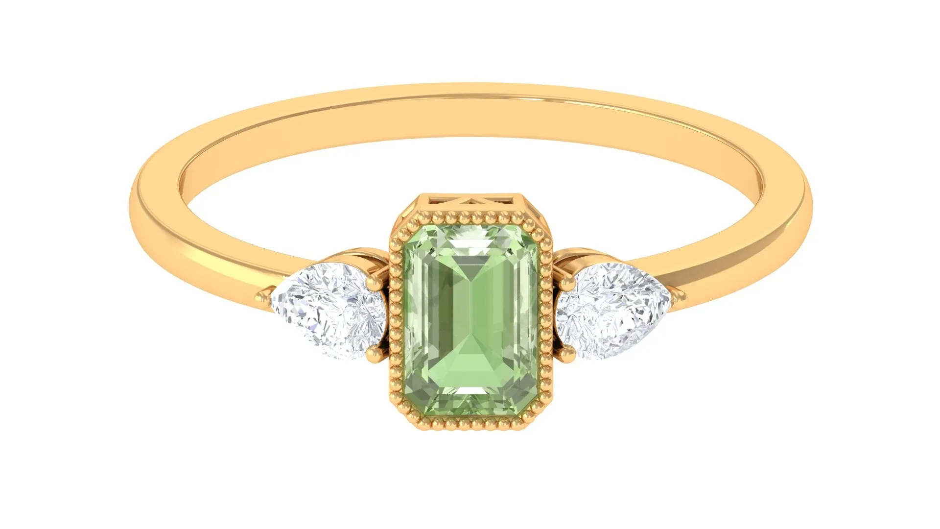 Green Sapphire and Diamond Three Stone Ring in Bezel Setting