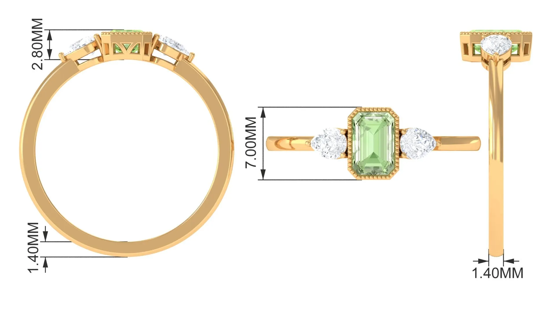 Green Sapphire and Diamond Three Stone Ring in Bezel Setting