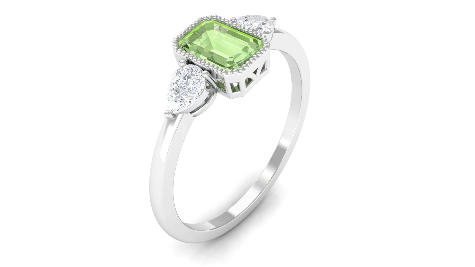 Green Sapphire and Diamond Three Stone Ring in Bezel Setting