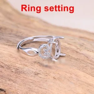 Halo Ring Setting Blank 9x11mm 1pc 925 Sterling Silver CZ Semi Mount for Oval Faceted Cabochon Stone 4 Prongs Adjustable Wholesale Available