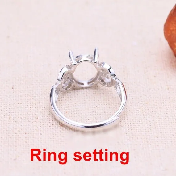 Halo Ring Setting Blank 9x11mm 1pc 925 Sterling Silver CZ Semi Mount for Oval Faceted Cabochon Stone 4 Prongs Adjustable Wholesale Available