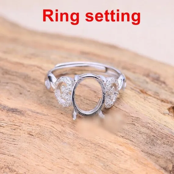 Halo Ring Setting Blank 9x11mm 1pc 925 Sterling Silver CZ Semi Mount for Oval Faceted Cabochon Stone 4 Prongs Adjustable Wholesale Available