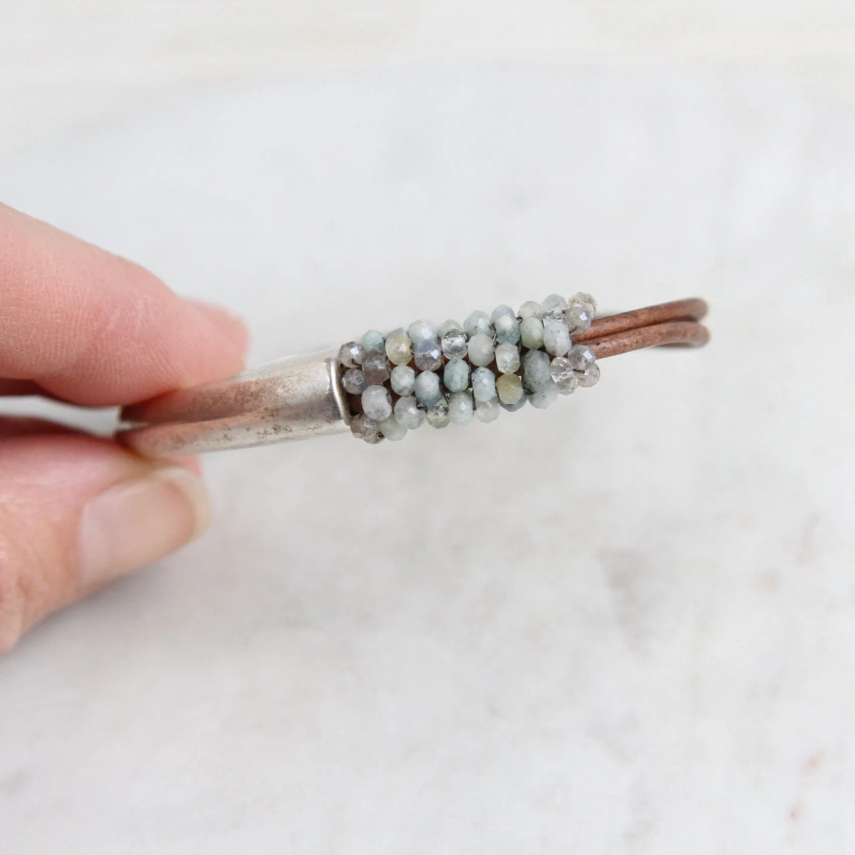 Hand Stitched Aquamarine & Labradorite 1/2 Cuff Bracelet