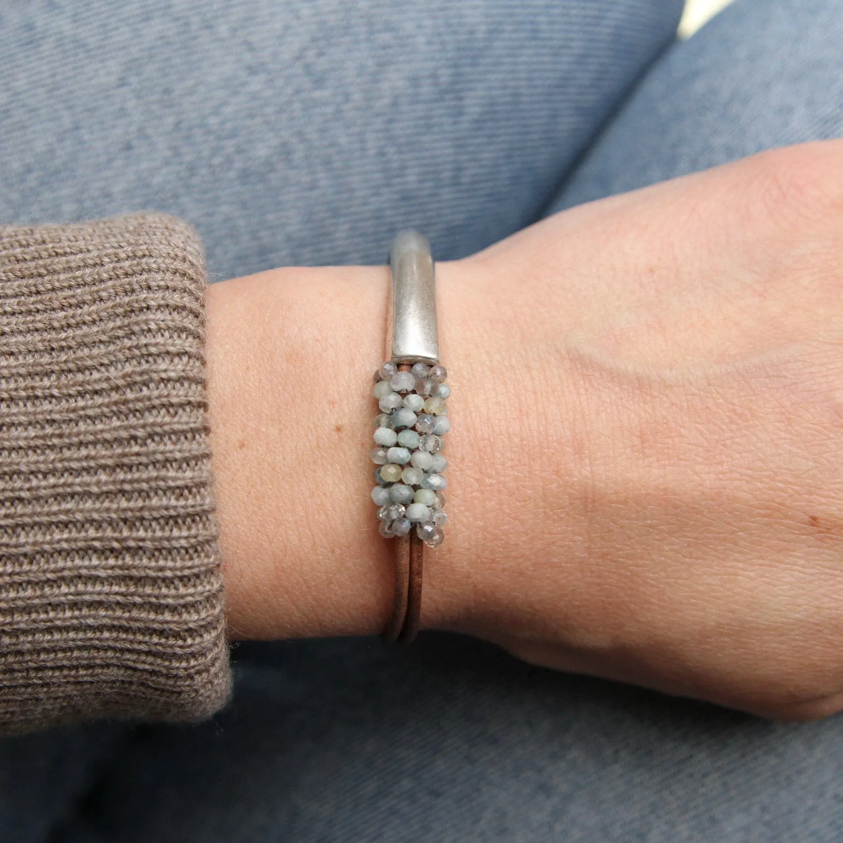 Hand Stitched Aquamarine & Labradorite 1/2 Cuff Bracelet