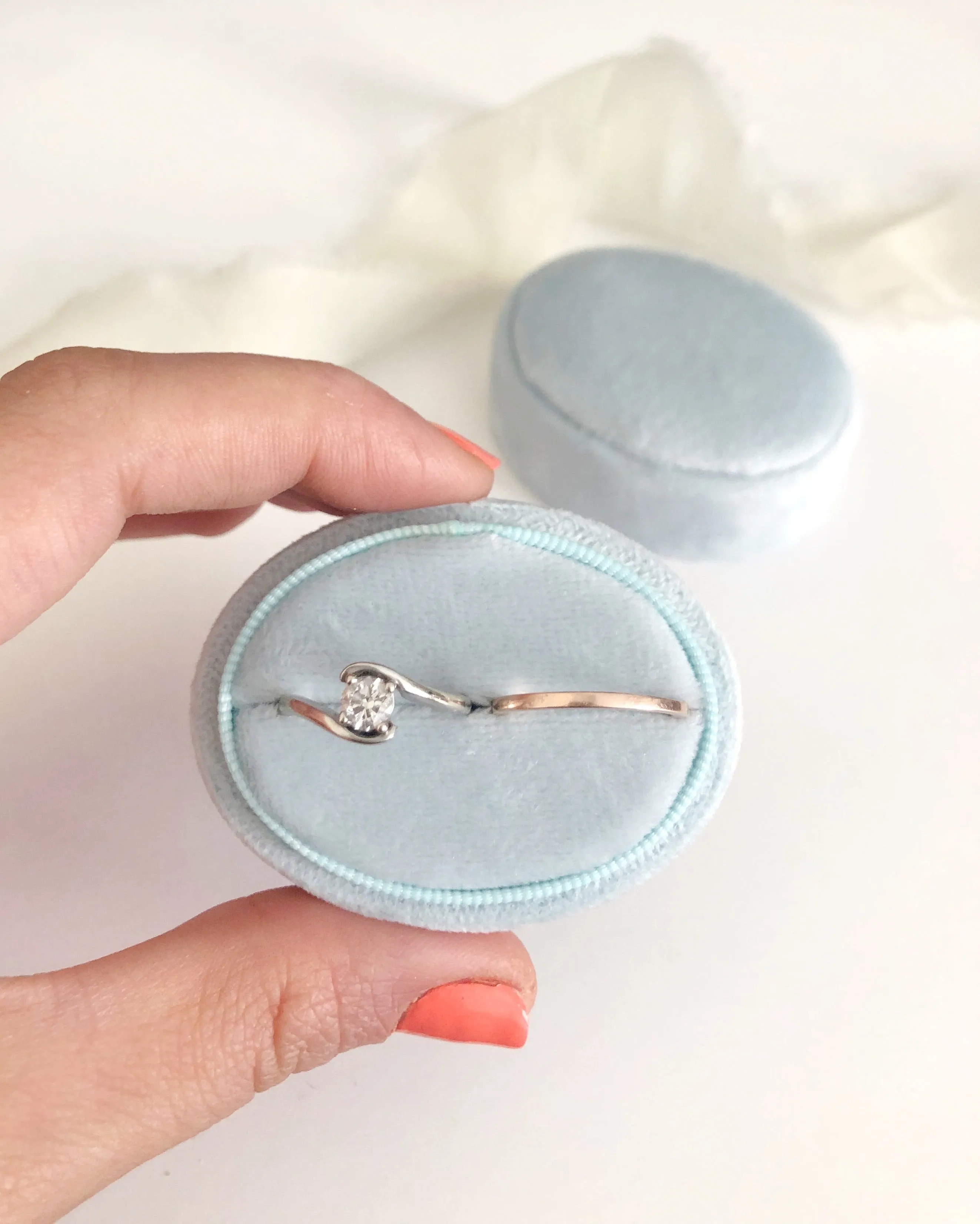 Ice Blue Velvet Horizontal Oval Ring Box