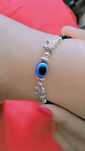 Jyokrish Combo Metal Silver Elephant & Turtle Blue Evil eye Glossy Black beads Chain Anklet |For Women |Girls Nazariya |Nazarbattu| pack of 2 |Payal | lucky protection