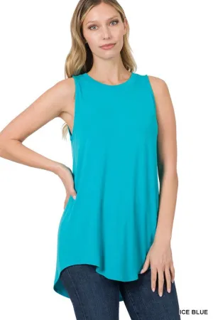 LUXE RAYON SLEEVELESS ROUND NECK HI-LOW HEM TOP