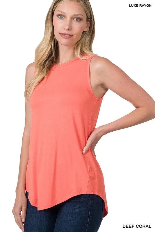 LUXE RAYON SLEEVELESS ROUND NECK HI-LOW HEM TOP