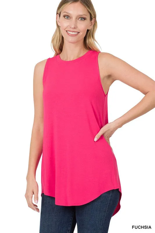 LUXE RAYON SLEEVELESS ROUND NECK HI-LOW HEM TOP