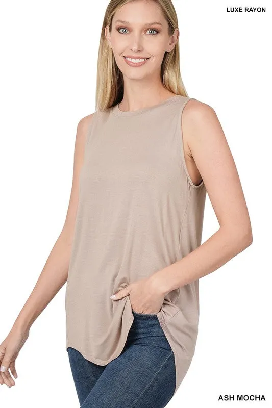 LUXE RAYON SLEEVELESS ROUND NECK HI-LOW HEM TOP