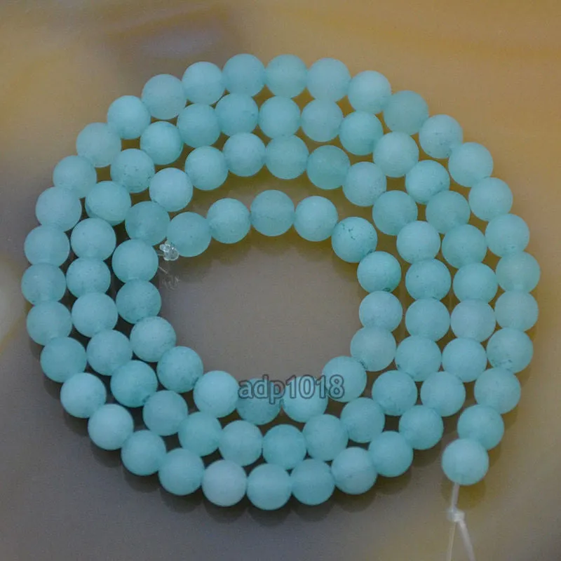 Matte Natural Aquamarine Jade Gemstone Round Loose Beads on a 15.5" Strand