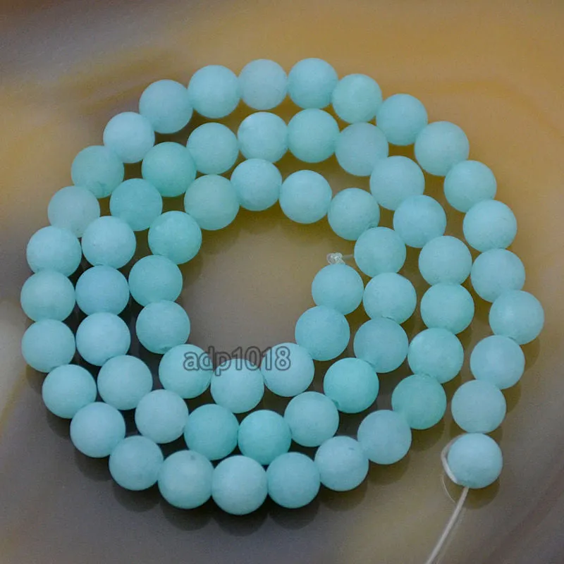 Matte Natural Aquamarine Jade Gemstone Round Loose Beads on a 15.5" Strand