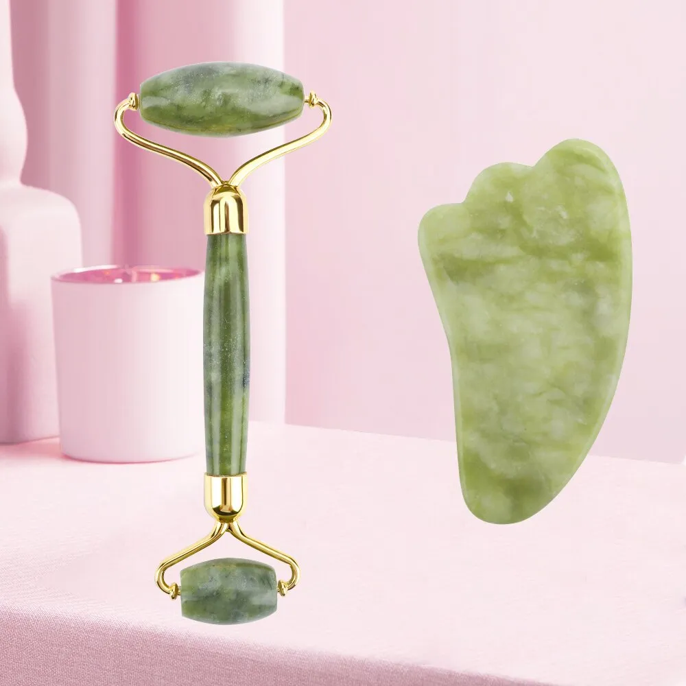 Natural Facial Massager Face Roller Gua Sha Scraper Double Heads Jade Stone Roller Skin Care Rose Quartz Massage for Face Body