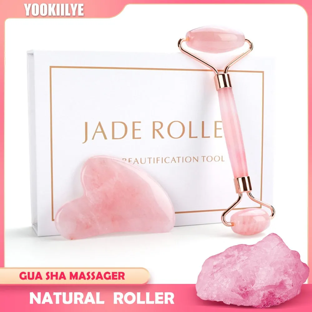 Natural Facial Massager Face Roller Gua Sha Scraper Double Heads Jade Stone Roller Skin Care Rose Quartz Massage for Face Body