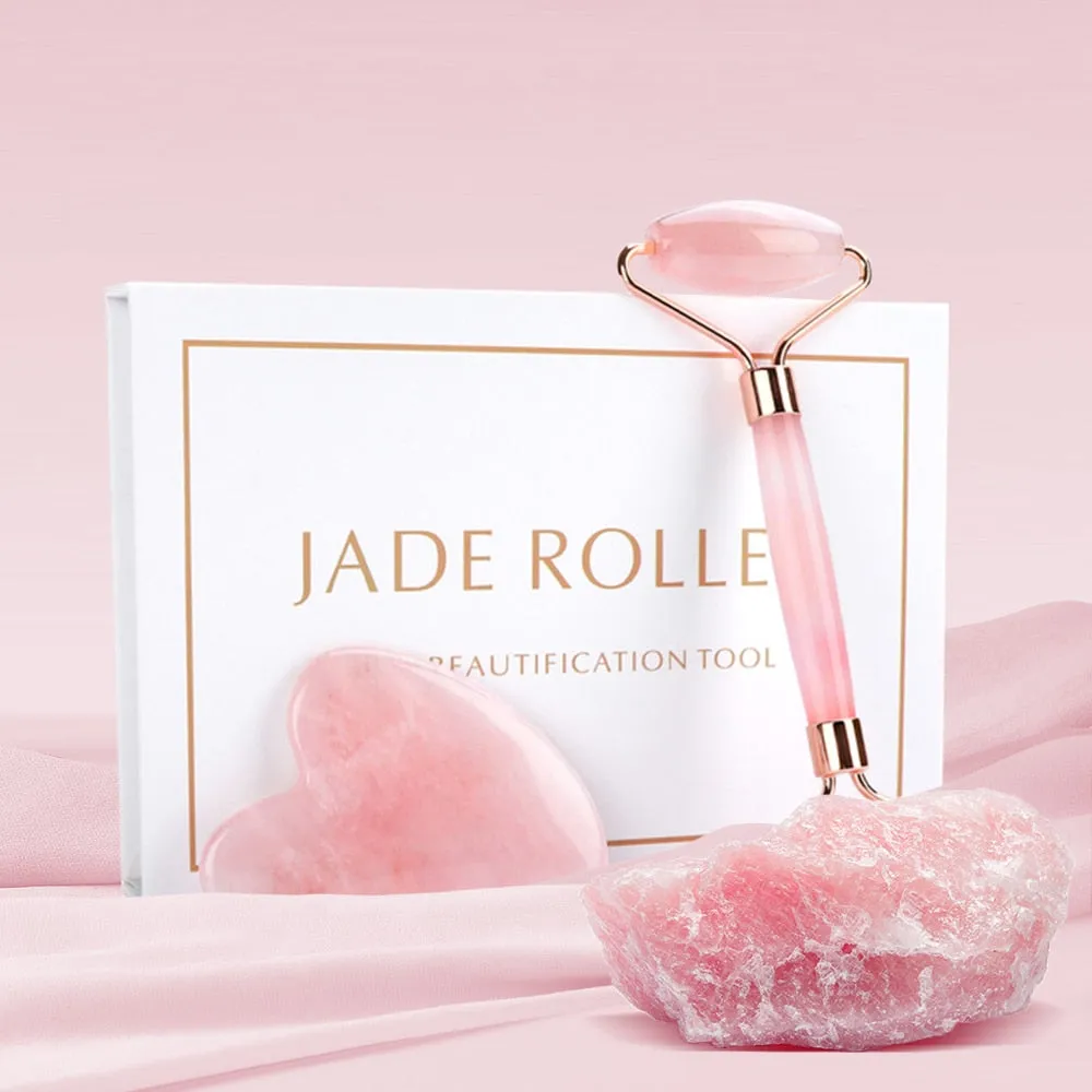 Natural Facial Massager Face Roller Gua Sha Scraper Double Heads Jade Stone Roller Skin Care Rose Quartz Massage for Face Body