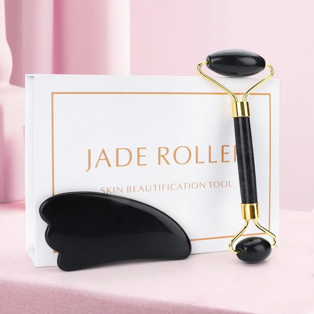 Natural Facial Massager Face Roller Gua Sha Scraper Double Heads Jade Stone Roller Skin Care Rose Quartz Massage for Face Body