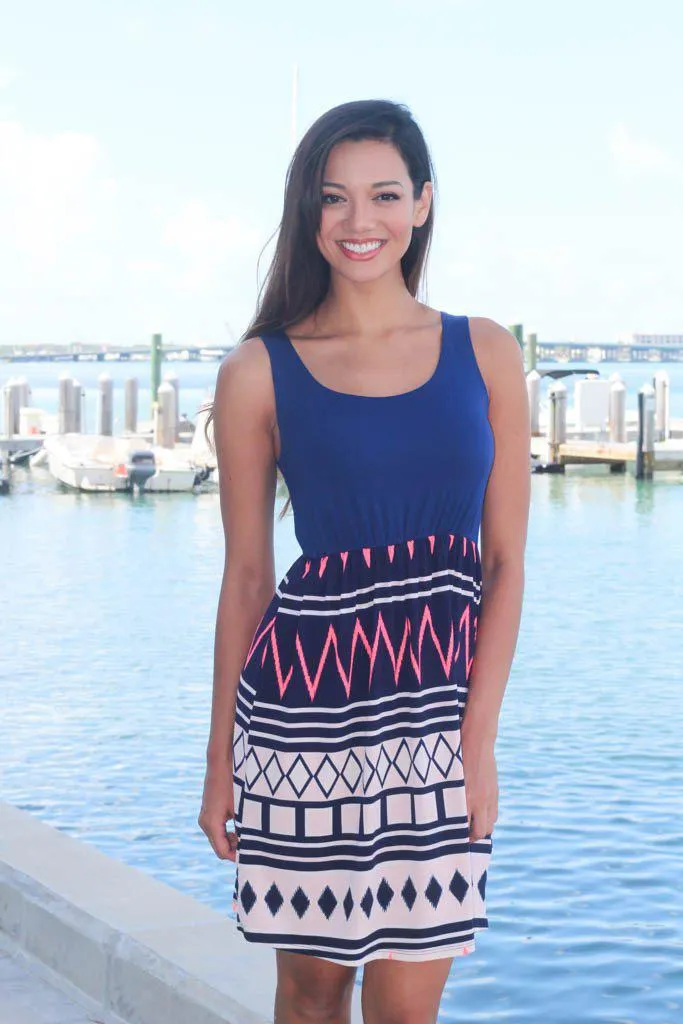 Navy and Neon Coral Chevron Short Dress