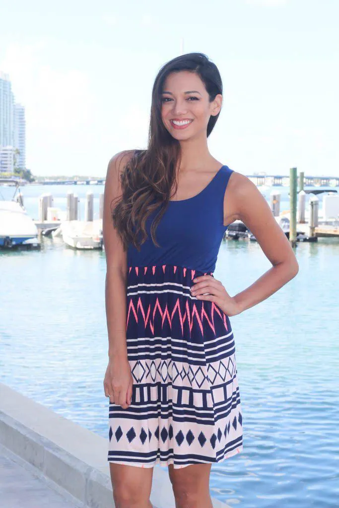 Navy and Neon Coral Chevron Short Dress