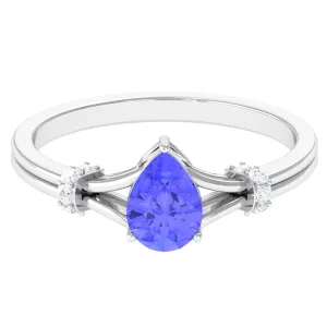 Pear Shape Tanzanite and Diamond Solitaire Ring in Split Shank