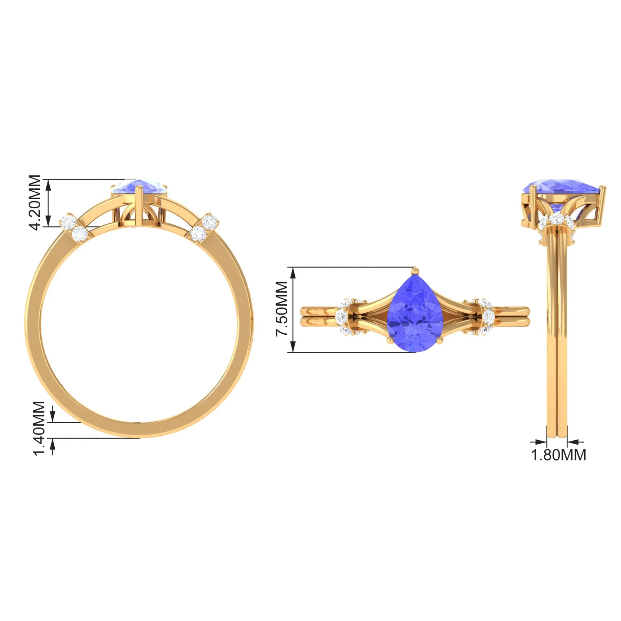 Pear Shape Tanzanite and Diamond Solitaire Ring in Split Shank