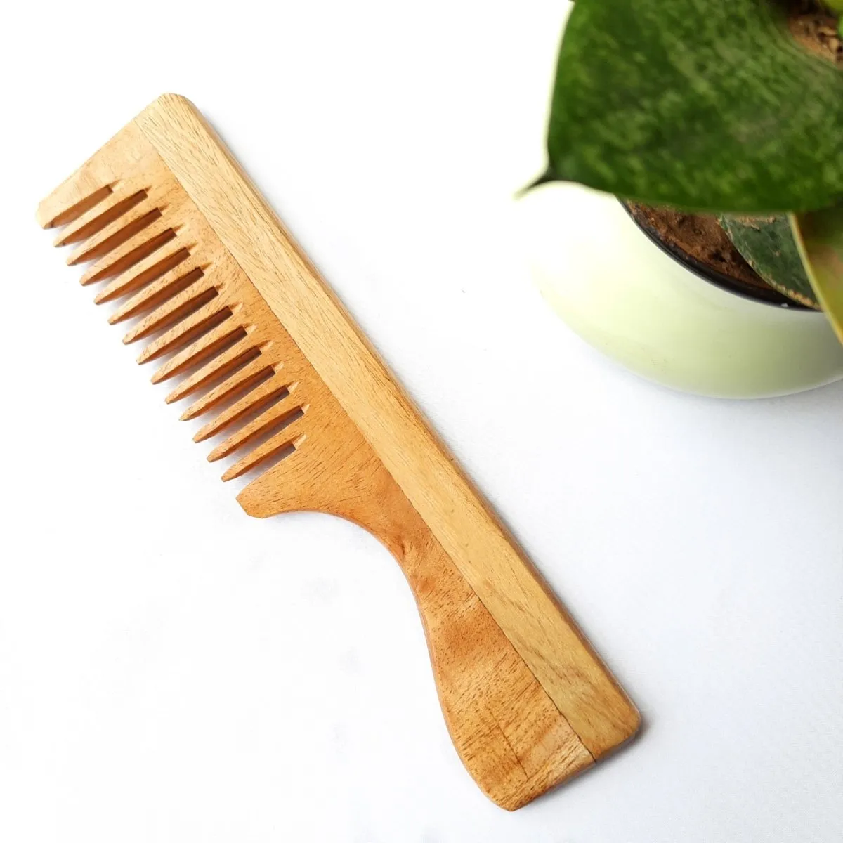 Pure Kacchi Neem Wood Handle Comb Wide Teeth