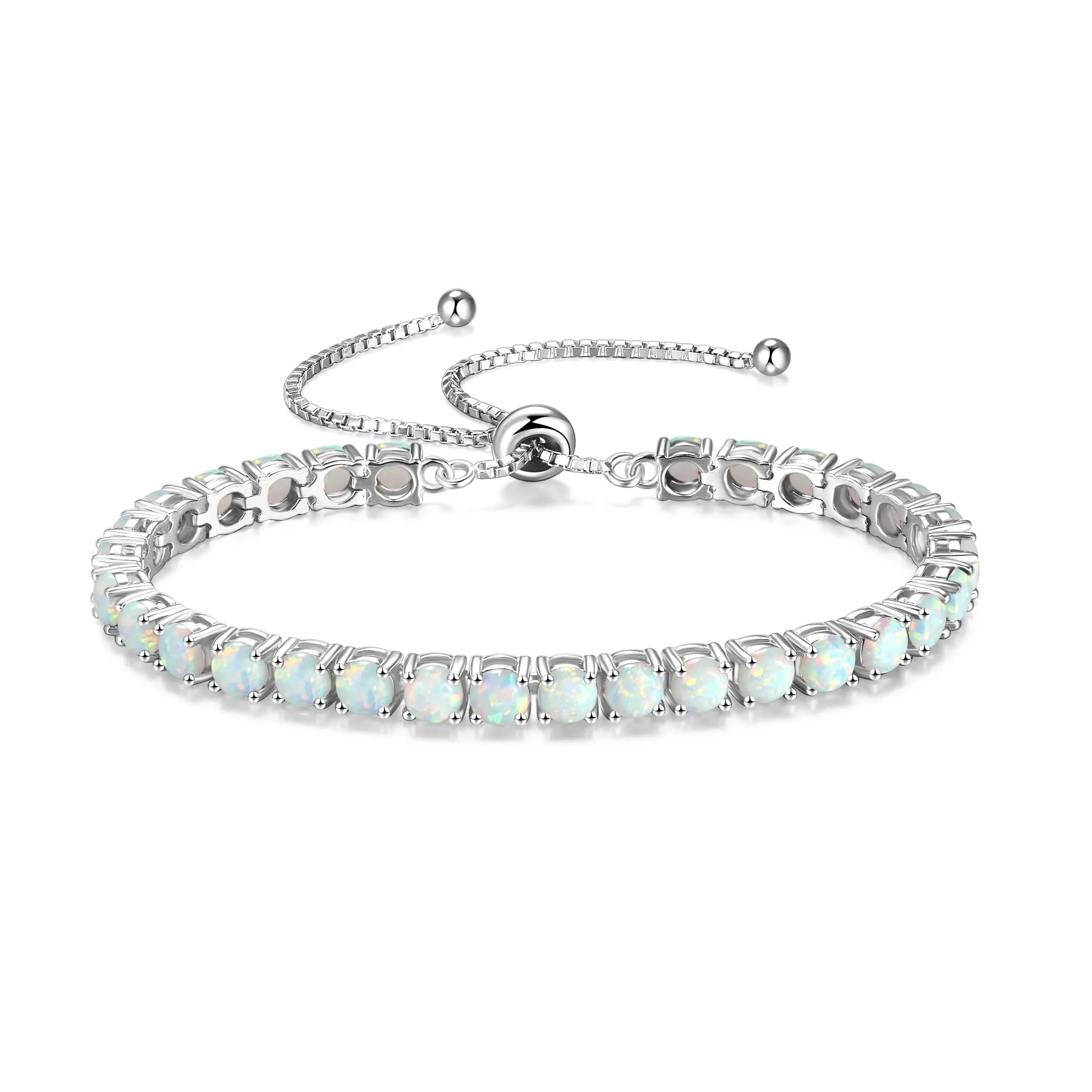 "Eternal Elegance" October Birthstone Opal Sterling Silver Tennis Bracelet Classic Bolo Chain