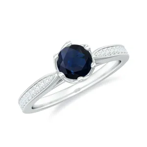 Real Blue Sapphire Solitaire Engagement Ring with Diamond