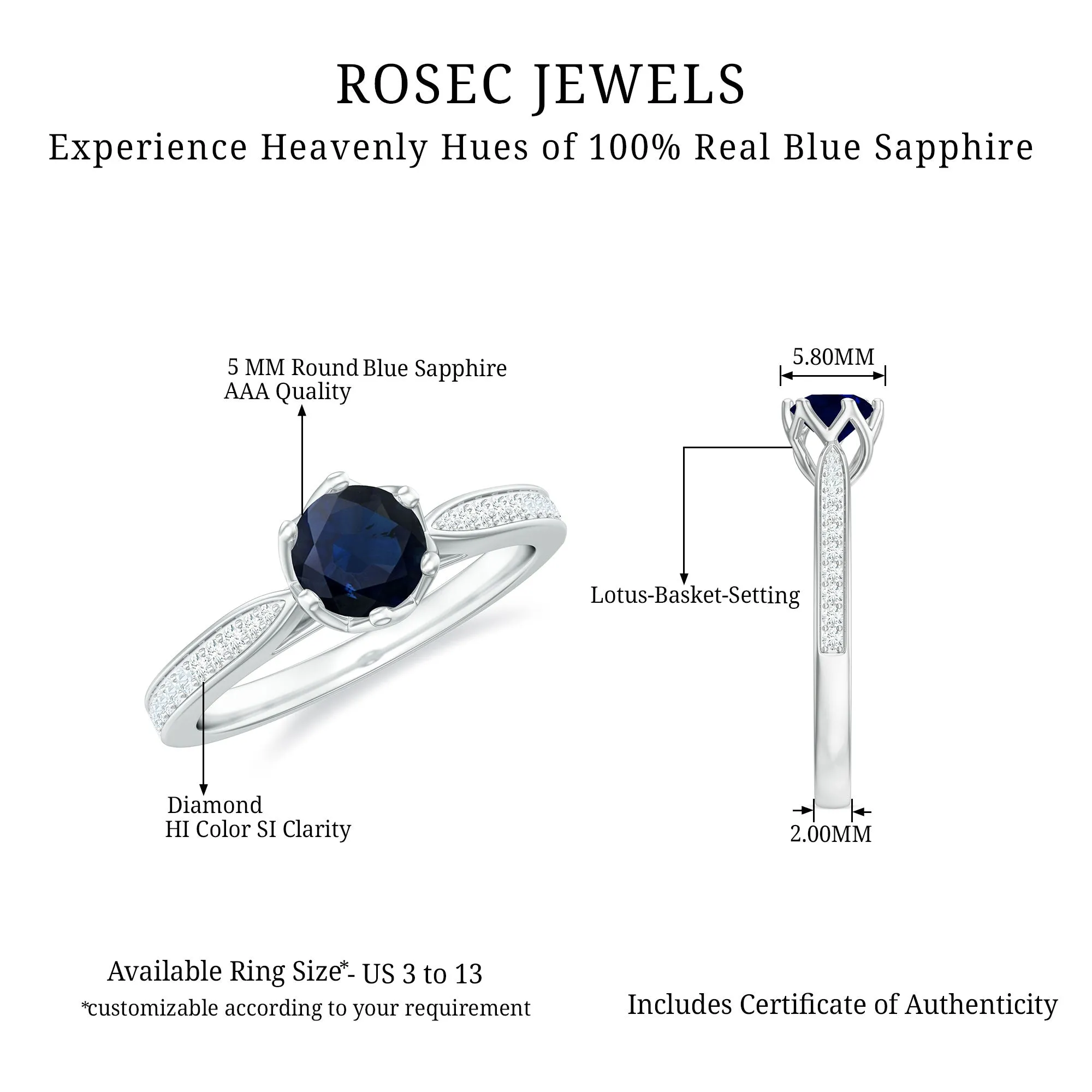 Real Blue Sapphire Solitaire Engagement Ring with Diamond