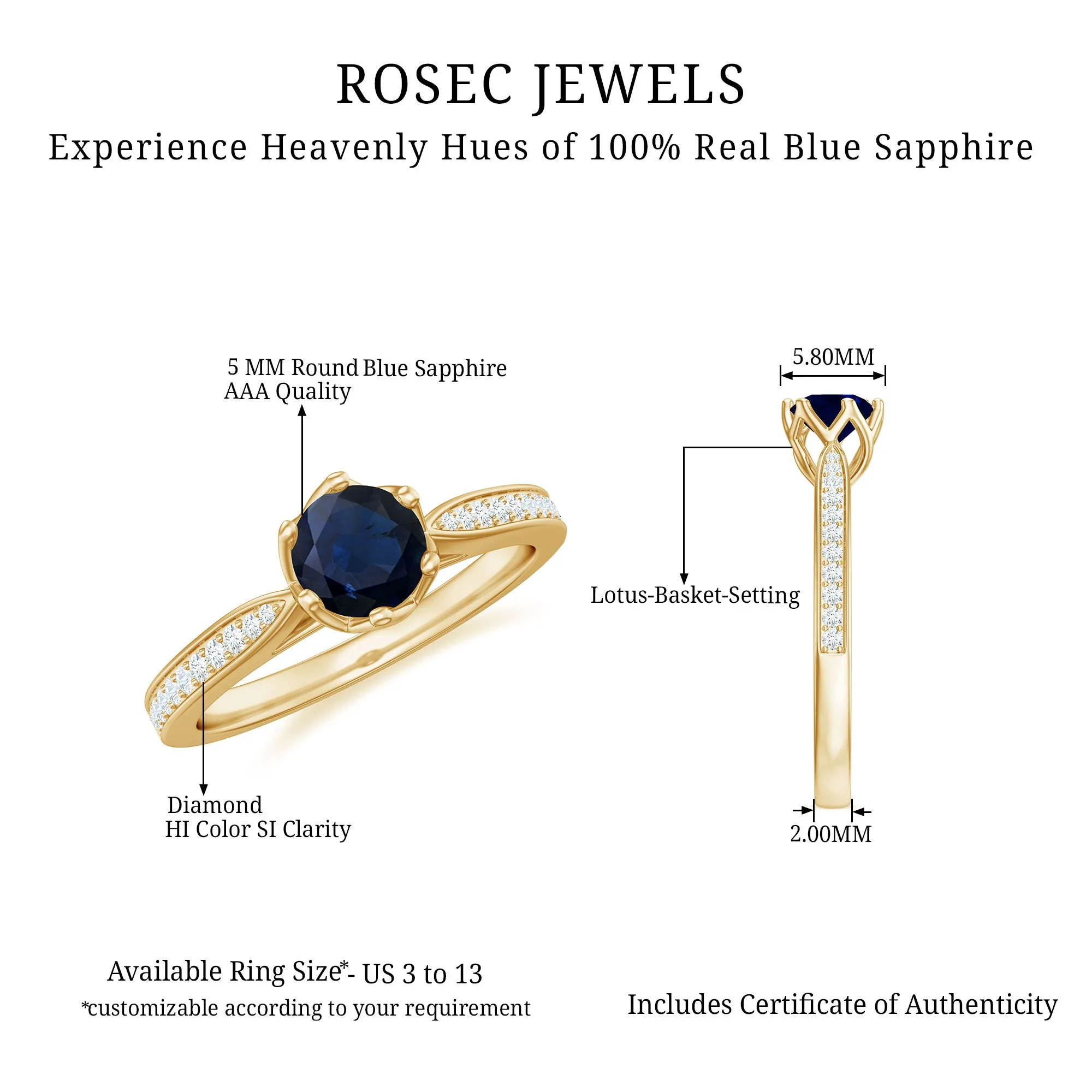 Real Blue Sapphire Solitaire Engagement Ring with Diamond