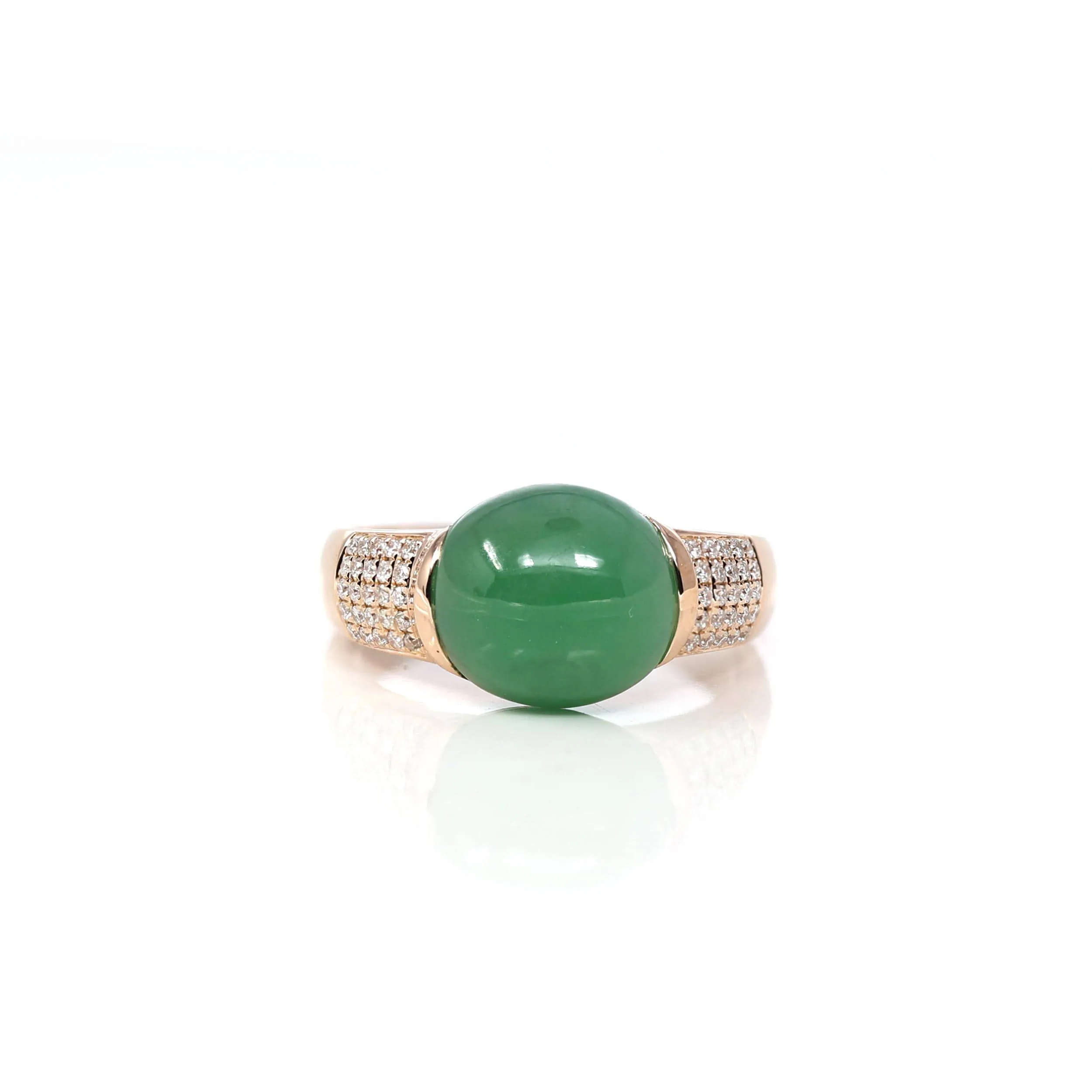 RealJade® Co. 18k Rose Gold Natural Imperial Green Oval Jadeite Jade Engagement Ring With Diamonds