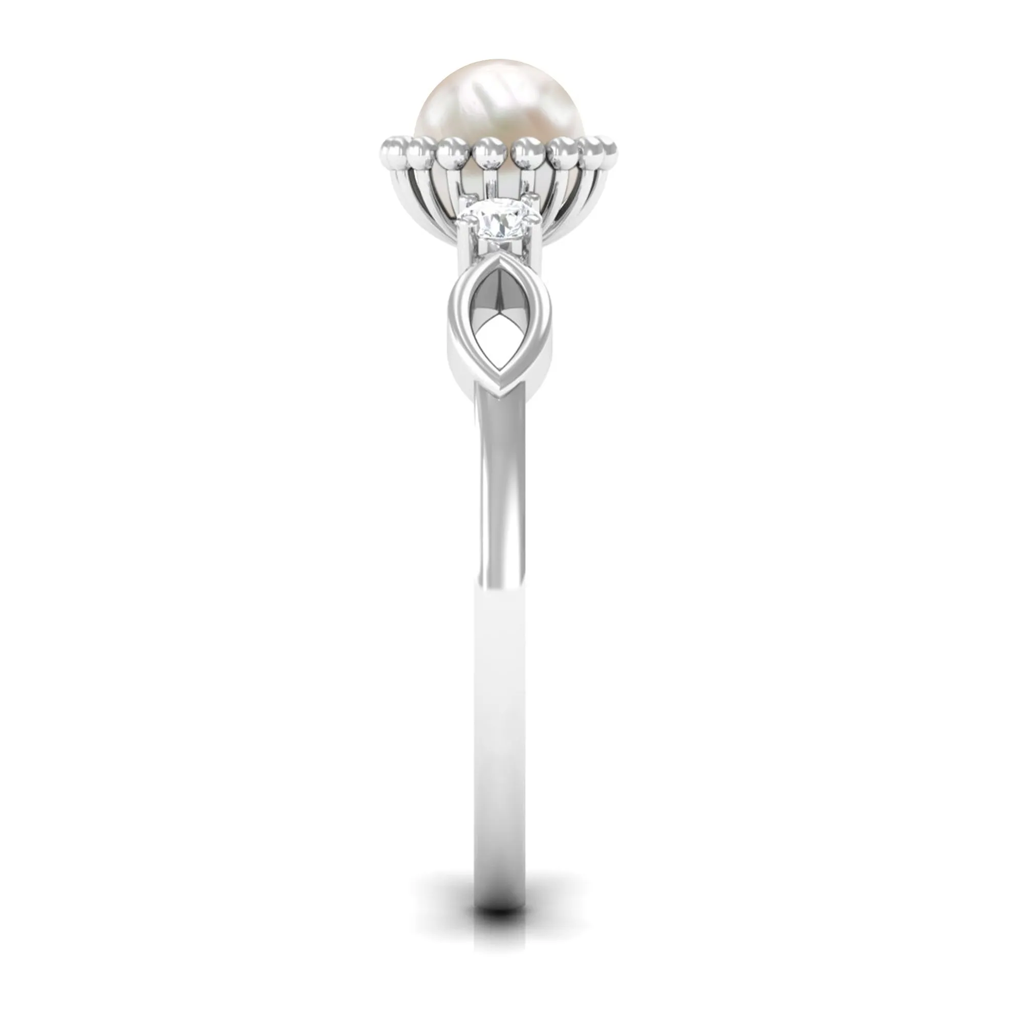 Round Freshwater Pearl Solitaire Ring with Diamond