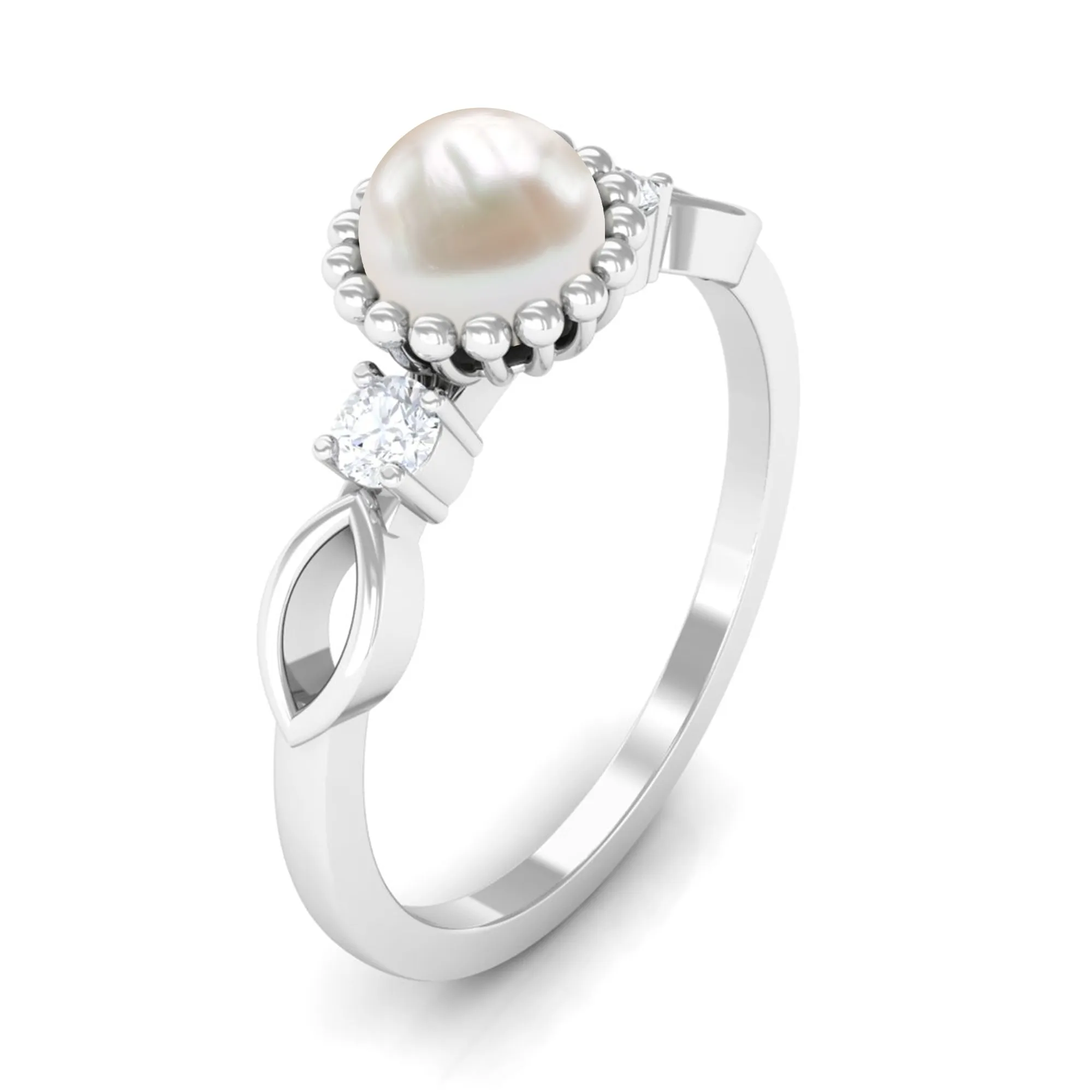 Round Freshwater Pearl Solitaire Ring with Diamond