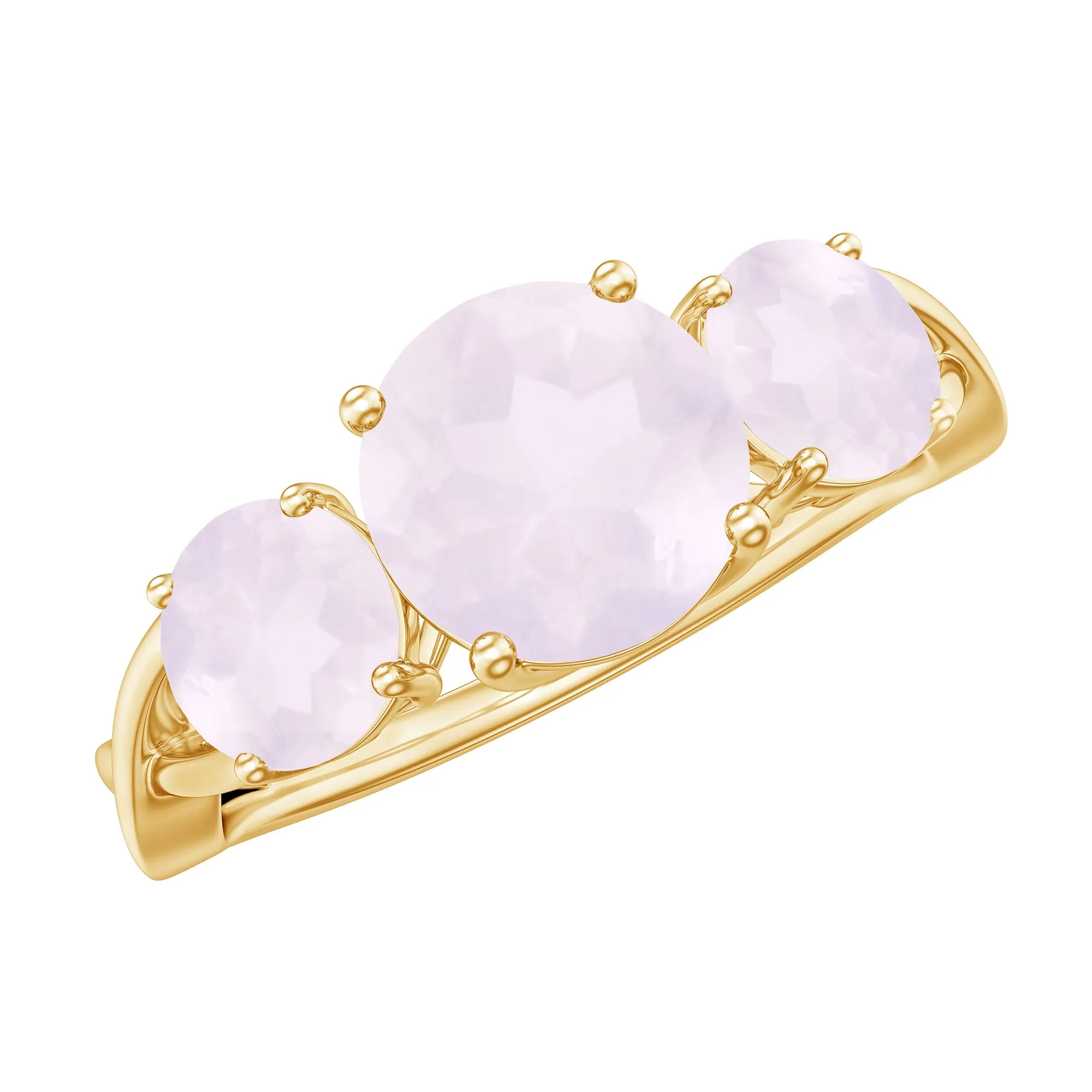 Round Shape Rose Quartz Three Stone Crossover Ring