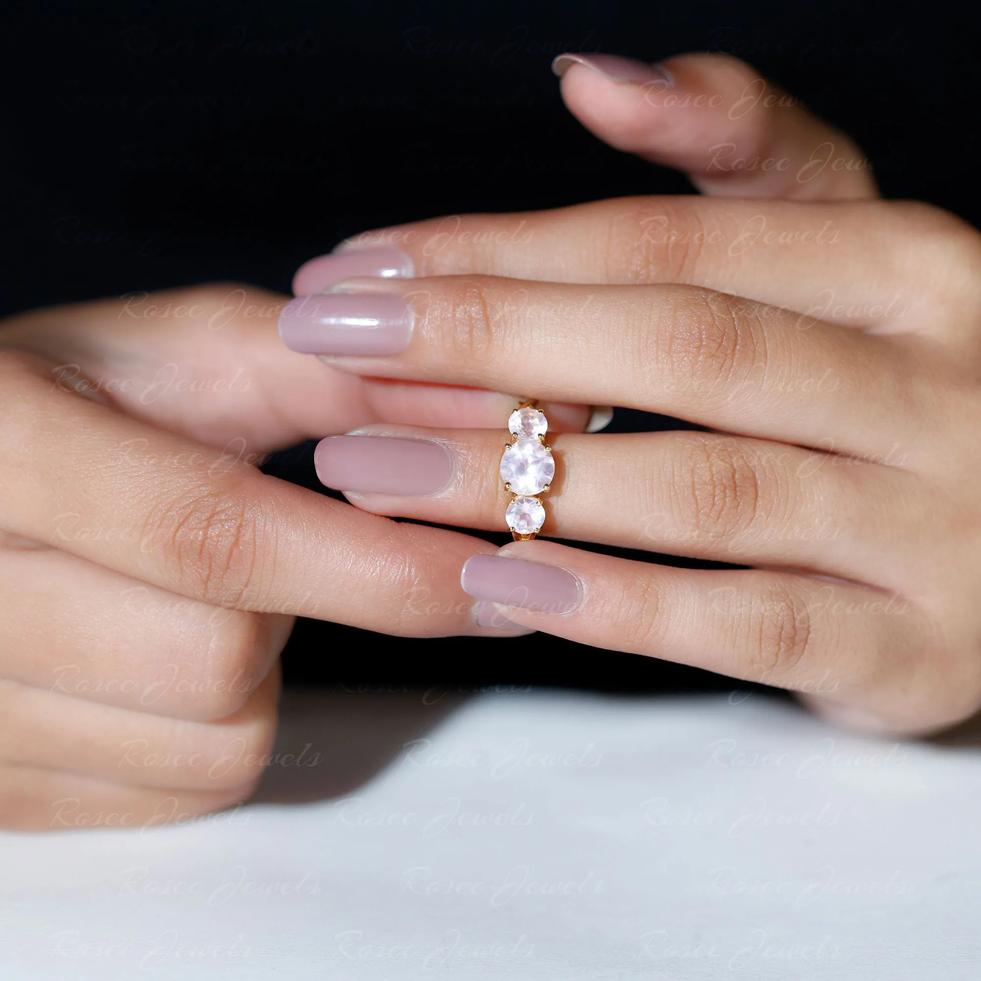 Round Shape Rose Quartz Three Stone Crossover Ring