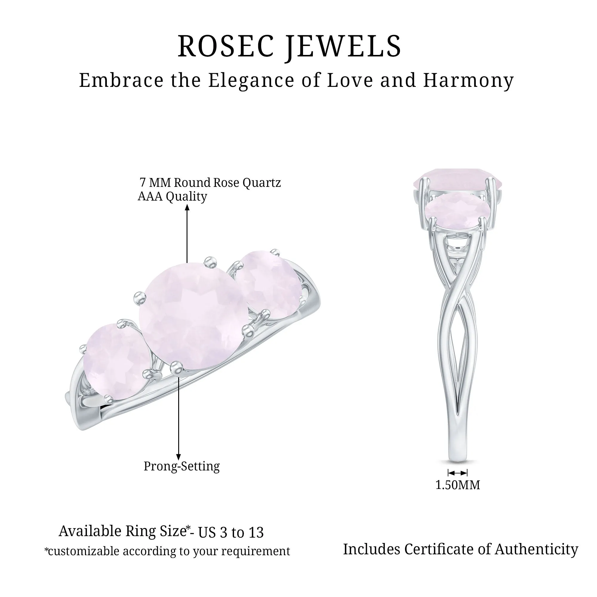 Round Shape Rose Quartz Three Stone Crossover Ring