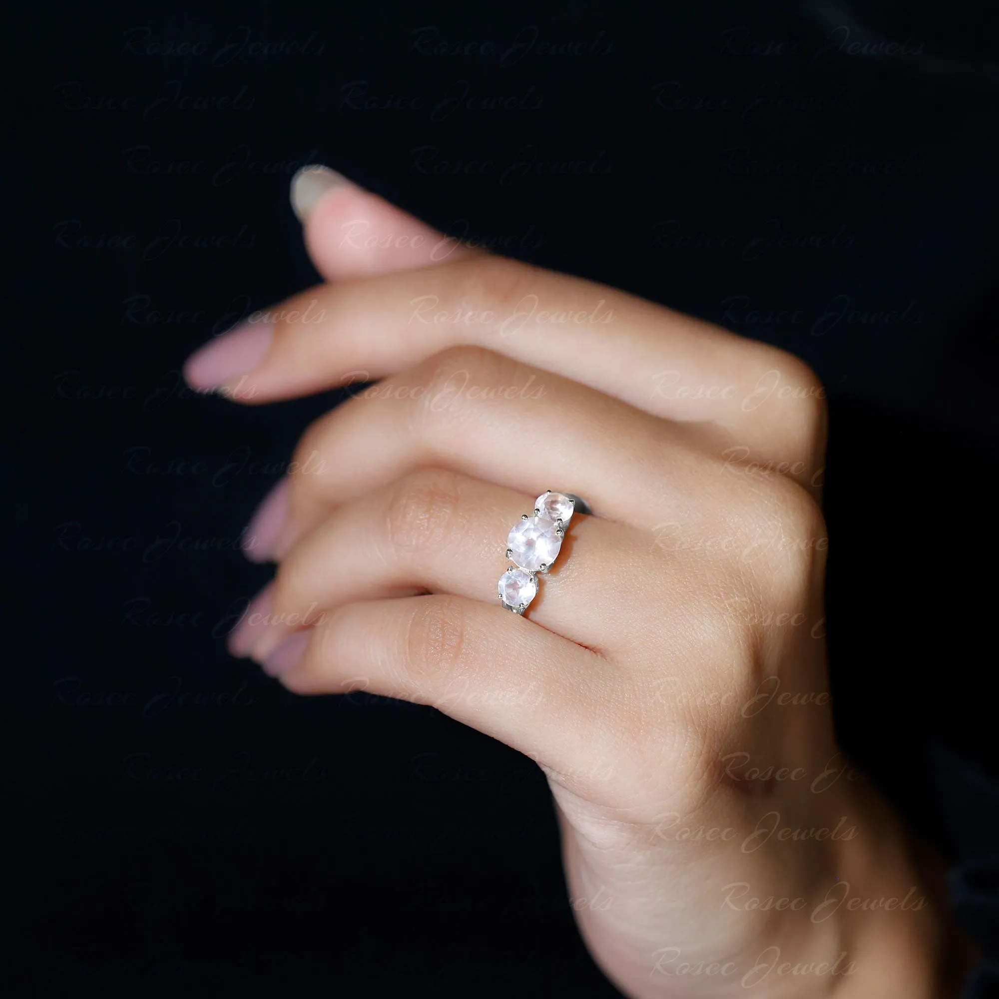 Round Shape Rose Quartz Three Stone Crossover Ring